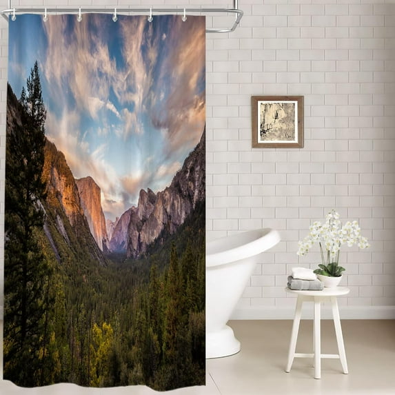 Sap Green Wilderness Landscape Decor Shower Curtain,Blue Beautiful Nature Bathroom Decor Polyester Fiber Plastic Rings Quick-Drying Waterproof for Bathtubs/Bathroom, 72x36 inches