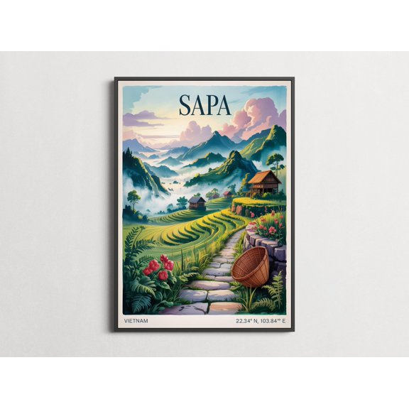 Sapa Mixed Media Lush Terraced Valleys In Vietnam Green And Blue Tones Decorative Wall Art Poster , Poster Print Only