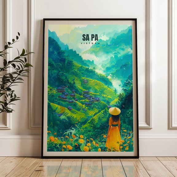 Sapa Vietnam Travel Print, Rice Terrace Illustration Art, Unframed Paper Poster 8x10in