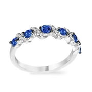 Sapphire Blue CZ Bypass Half Eternity Wedding Anniversary Ring Band in Rhodium Plating