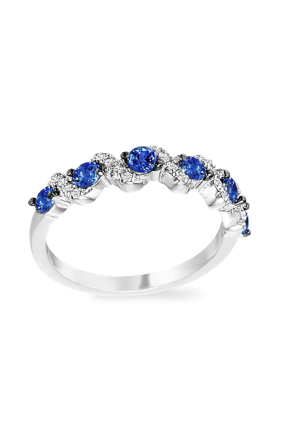 Sapphire Blue CZ Bypass Half Eternity Wedding Anniversary Ring Band in Rhodium Plating