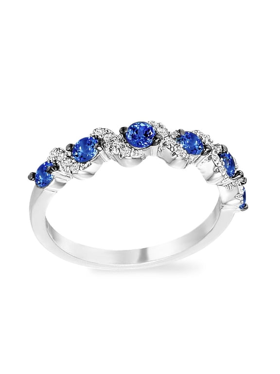 Sapphire Blue CZ Bypass Half Eternity Wedding Anniversary Ring Band in Rhodium Plating