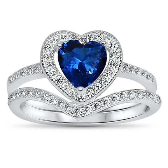 Sapphire Blue CZ Heart Halo Wedding Engagement Ring Set for Women Size 6
