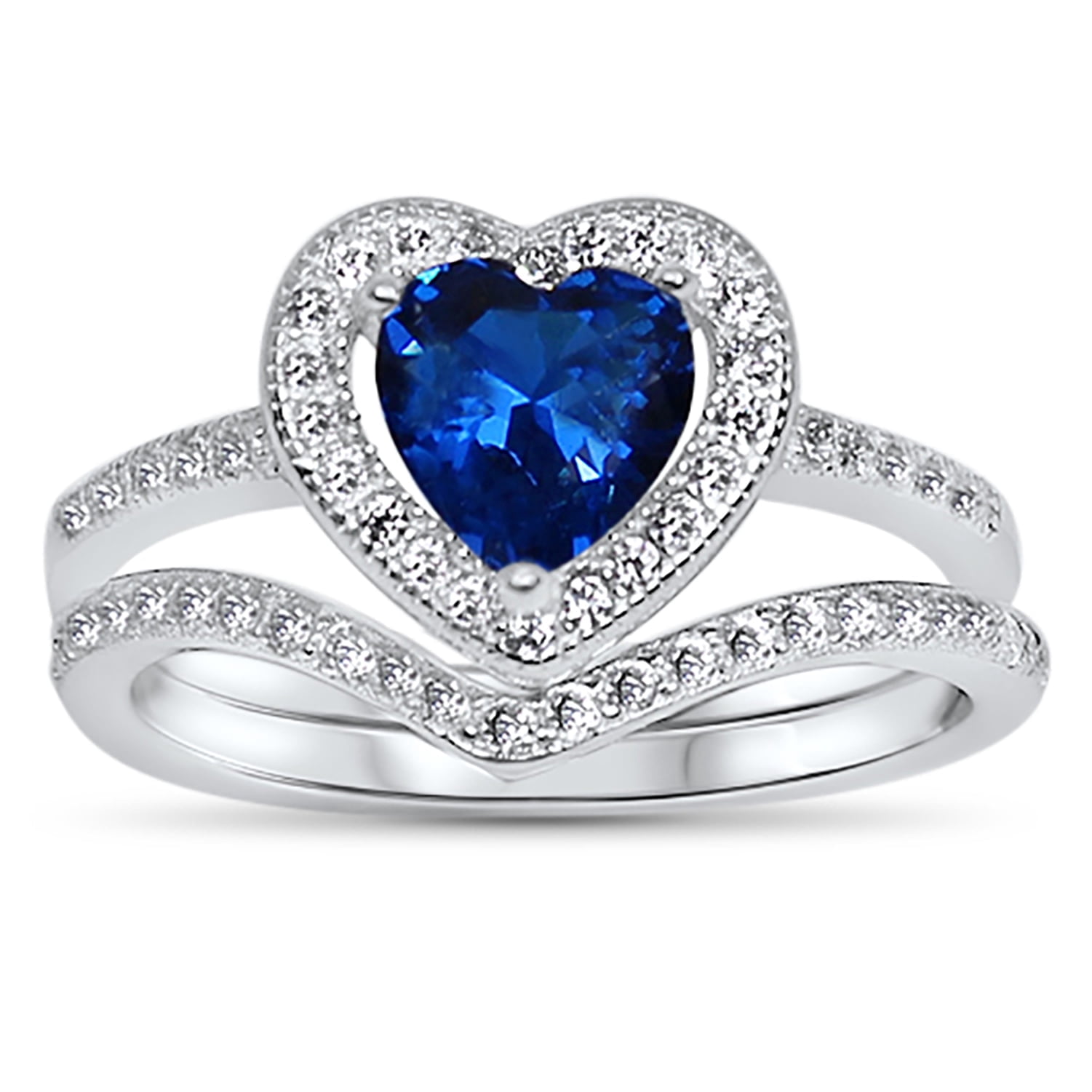Sapphire Blue CZ Heart Halo Wedding Engagement Ring Set for Women Size 8