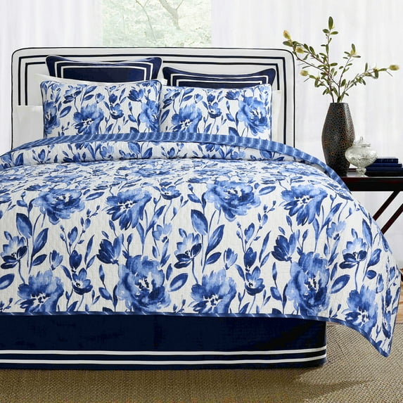 Sapphire Blue Floral Quilt Set 3Pcs Bedding Bedroom Bed 100%Cotton Full/Queen