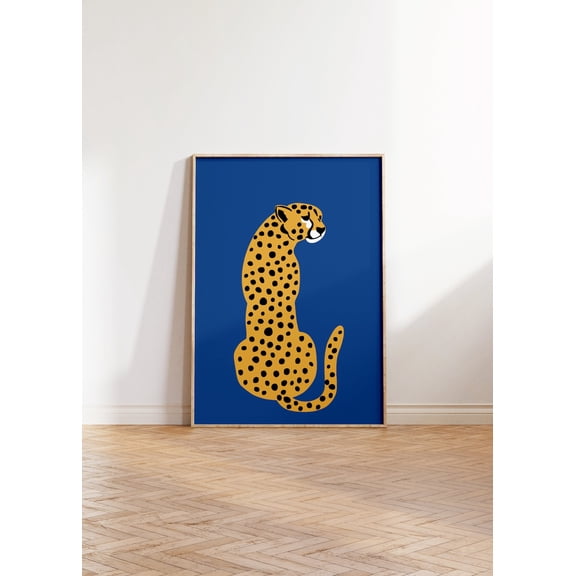 Sapphire Blue Leopard Illustration Boho Animal Wall Art, Unframed Canvas Size 16x24