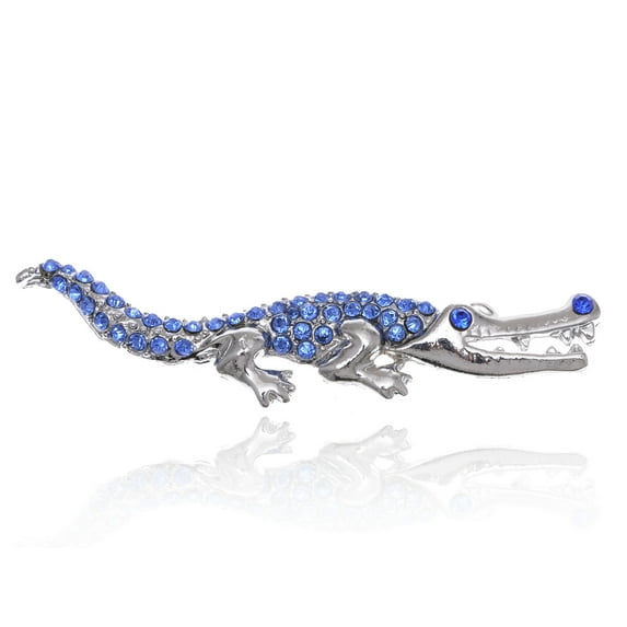 Sapphire Blue Rhinestone Shiny Silver Tone Crocodile Alligator Animal Pin Brooch
