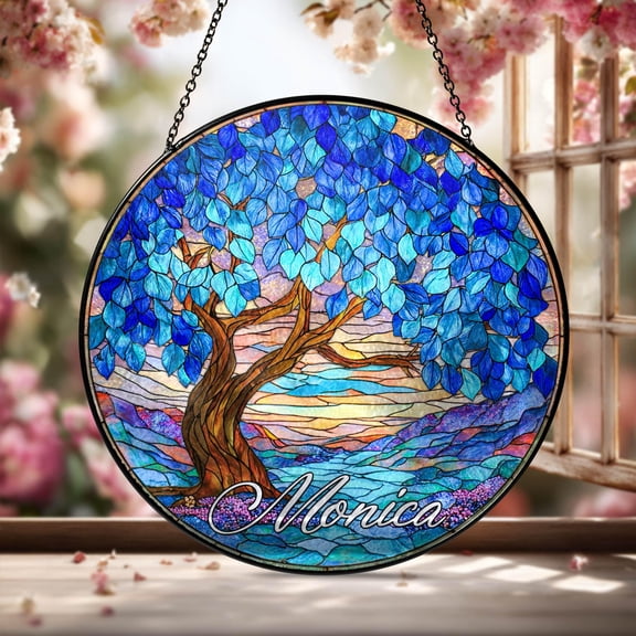Sapphire Blue September Birthstone Suncatcher Stained Glass Window Art