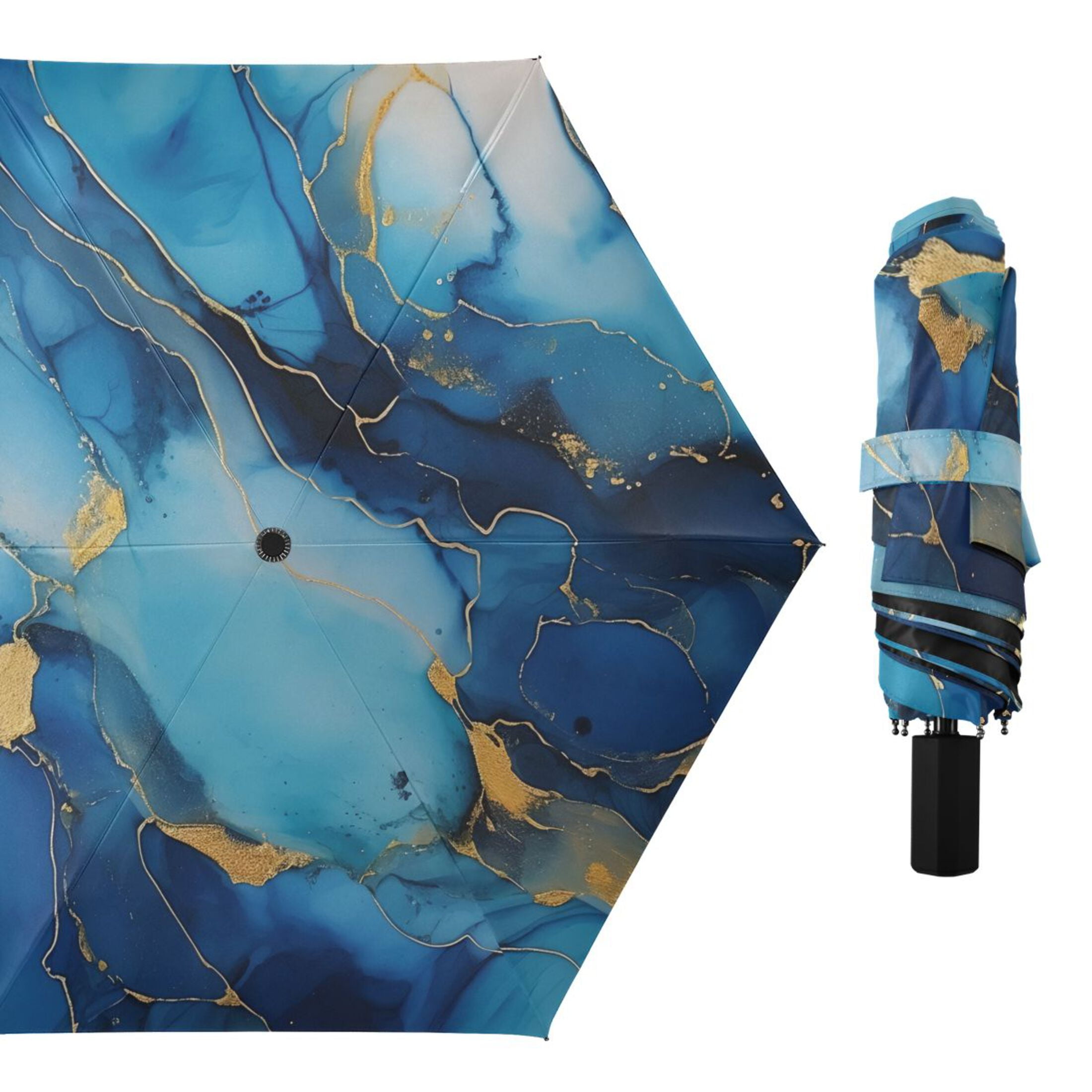 Sapphire Blue White Marble Compact Sun Umbrella Windproof Travel Umbrellas for Rain Strong Portable UV Protection
