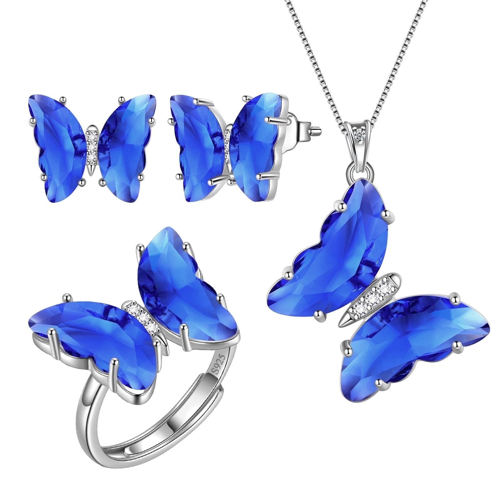September Birthstone Jewelry Sets Earrings Necklace Ring, Blue Butterfly Jewelry Set Sapphire 925 Sterling Silver Women Birthday Mother's Day Gifts
