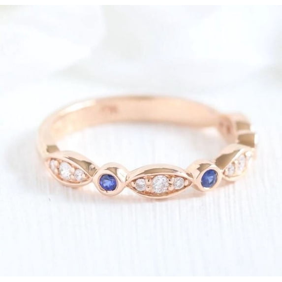 Sapphire Diamond Wedding Anniversary Band Statement Ring Band 925 Sterling Silver Rose Gold Plated Gemstone Jewelry For Women Gift