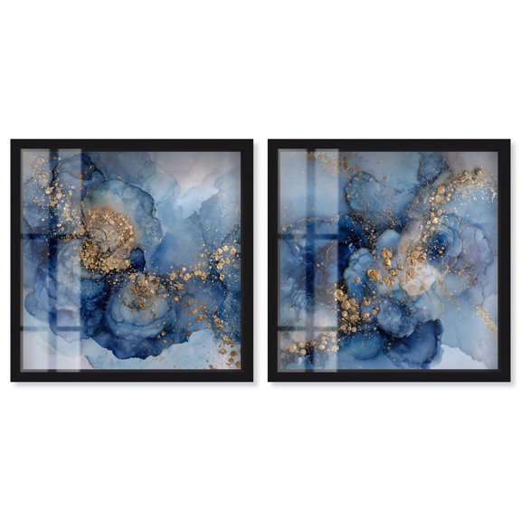 Sapphire Dust Radiance Diptych Pair Shadowbox Print Coastal Abstract Art Set by Art Remedy, Black Frame, 12 x 12