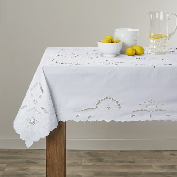 Sapphire Embroidered Design Tablecloth Size: 60" Round, Color: White
