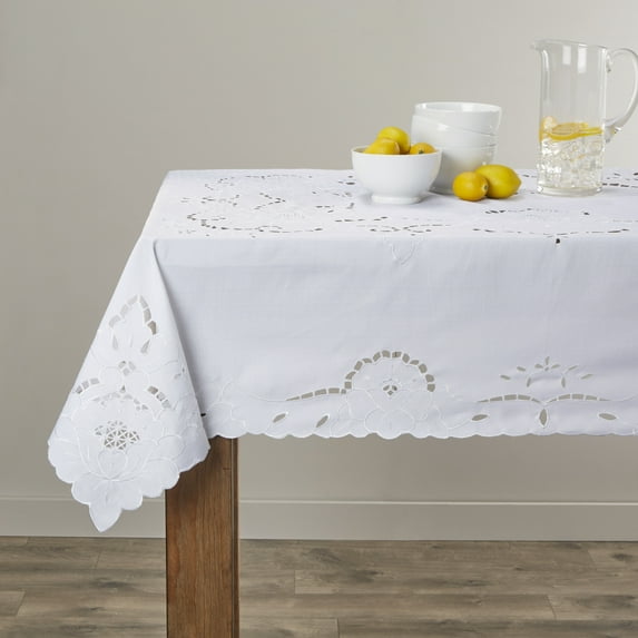 Sapphire Embroidered Design Tablecloth Size: 60" Round, Color: White
