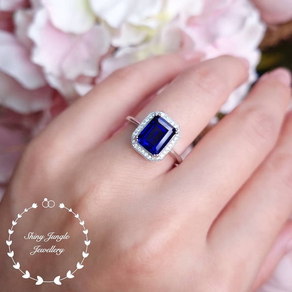 Sapphire Engagement Ring, 3 Carats 7*9 mm Rectangular Cut Royal Blue Genuine Lab Grown Sapphire Ring,