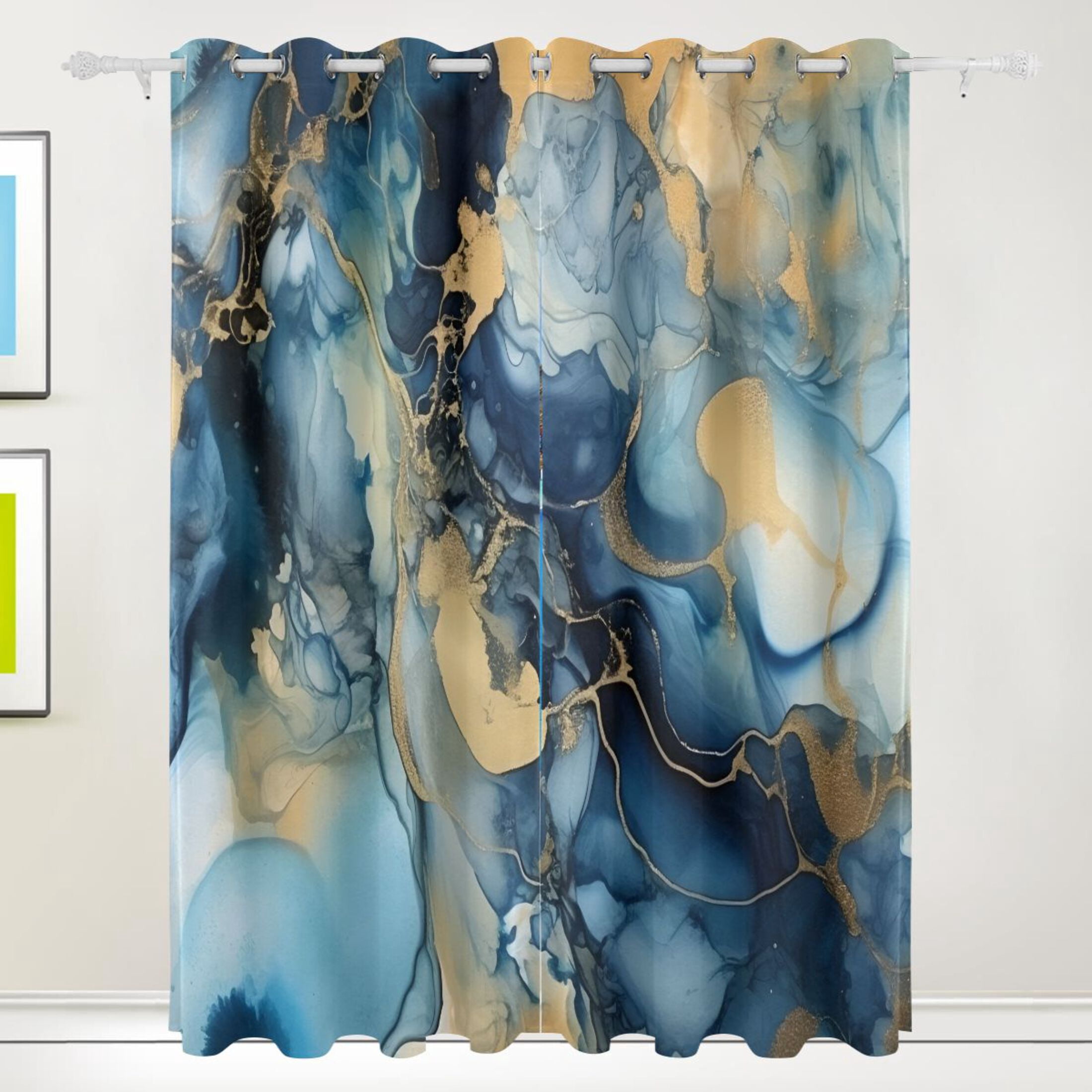 Sapphire Gold Ink Marble Blackout Curtains 2 Panels Set Grommet Drapes for Bedroom Living Room W55xL84