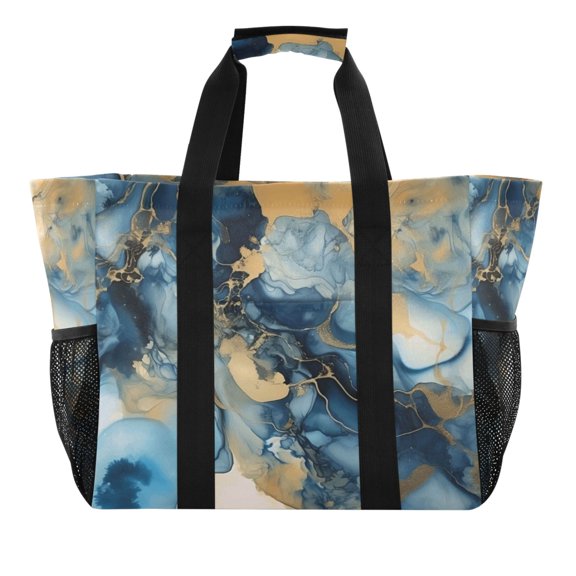 Sapphire Gold Ink Marble Reusable Grocery Bags with Handle Side Pocket Waterproof Shopping Portable Tote