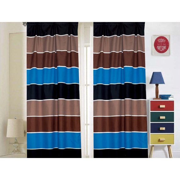 Sapphire Home 2 Panel Curtain Set, Vibrant Multi-Color, Blue Brown Black Stripes Print Multicolor Boys Kids Girls Teen Room Dcor, Curtain, Blue/Brown