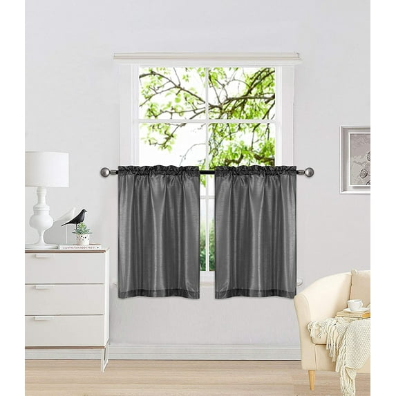 Sapphire Home 2 Panel Faux Silk Solid Curtain Drapes with Rod Pocket 54" Total Width by 36" L, Solid Color Curtain Panels for Any Bedroom or Patio Door - Semi Sheer Panels, Myra 36" - Charcoal