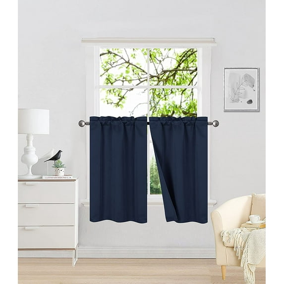 Sapphire Home 2 Panel Woven Room Darkening Blackout Curtain Panels, Solid Color, 27" W x 36" L, Soft Thermal Room Insulating Drapes for Bedroom/Living Room Patio Door, Woven, 36", Navy Blue