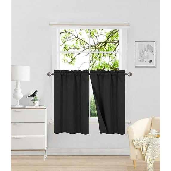 Sapphire Home 2 Panel Woven Room Darkening Blackout Curtain Panels, Solid Color, 27" W x 36" L, Soft Thermal Room Insulating Drapes for Bedroom/Living Room Patio Door, Woven, 36", Black