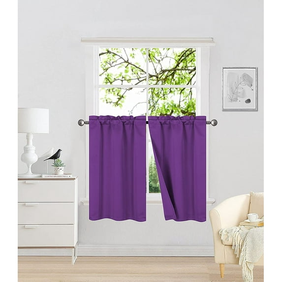 Sapphire Home 2 Panel Woven Room Darkening Blackout Curtain Panels, Solid Color, 27" W x 36" L, Soft Thermal Room Insulating Drapes for Bedroom/Living Room Patio Door, Woven, 36", Purple