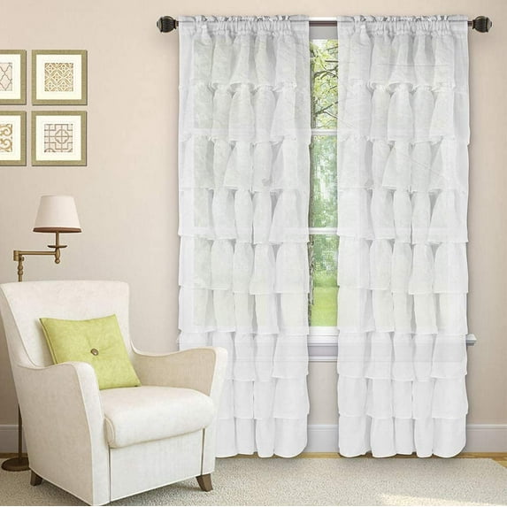 Sapphire Home 2 Panels Crushed Ruffle Sheer Window Curtain Panels 95" Length, Semi-Sheer Voile Rod Pocket Horizontal Crushed Ruffled Curtains for Living Room/Bedroom, Gypsy, 95", White