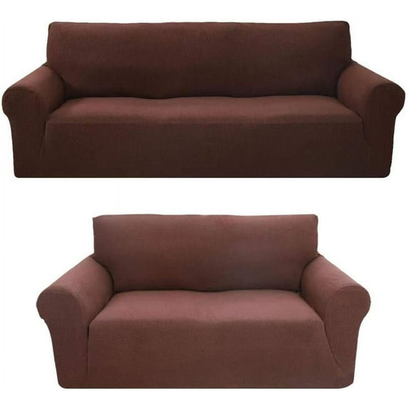 Sapphire Home 2-Piece Brushed Premium SlipCover Set for Sofa Loveseat Couch, Form fit Stretch, Wrinkle Free, Furniture Protector Cover Set for 3/2 Cushions, Polyester Spandex, 2pc, Brushed, Brown