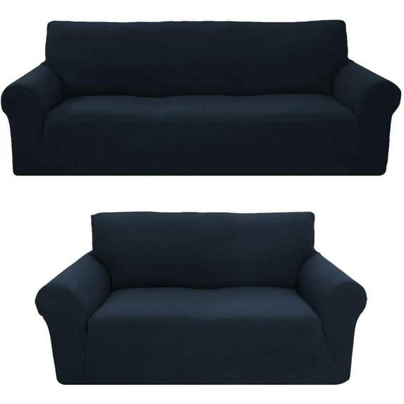 Sapphire Home 2-Piece Brushed Premium SlipCover Set for Sofa Loveseat Couch, Form fit Stretch, Wrinkle Free, Furniture Protector cover set for 3/2 Cushions,Polyester Spandex,2pc,Brushed,Dark Blue Navy