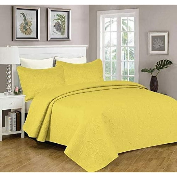 Sapphire Home 3-Piece Full/Queen Oversize Bedspread Coverlet Bedding Set w/2 Shams, Soft Touch, Solid, Stylish Embossed Pattern, All-Season Oversize Comforter Bed Cover, Emma Queen Yellow