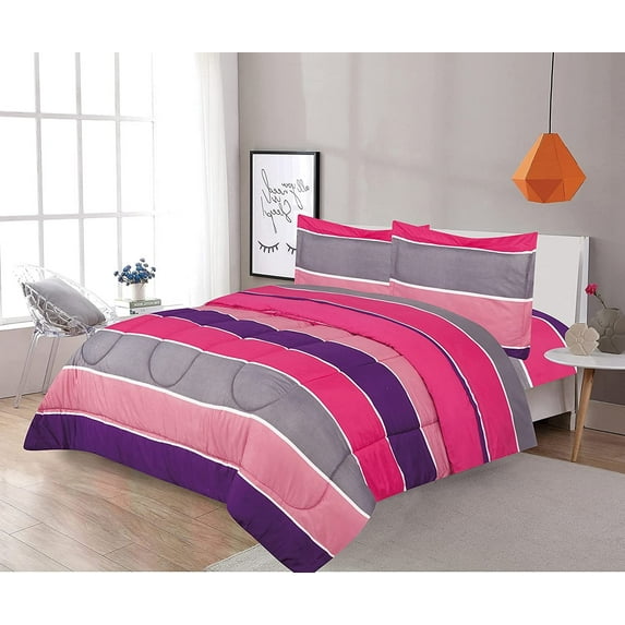 Sapphire Home 3 Piece Full Size Comforter Set Bed in Bag with Shams, Hot Pink Purple Gray Stripes Print Multicolor Kids Girls Teens Bedding, 3pc, Pink/Purple
