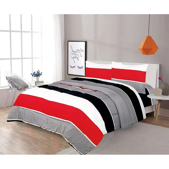 Sapphire Home 3 Piece Full Size Comforter Set Bed in Bag with Shams, Red Gray Black White Stripes Print Multicolor Boys Kids Girls Teens Bedding, 3pc, Red/Gray