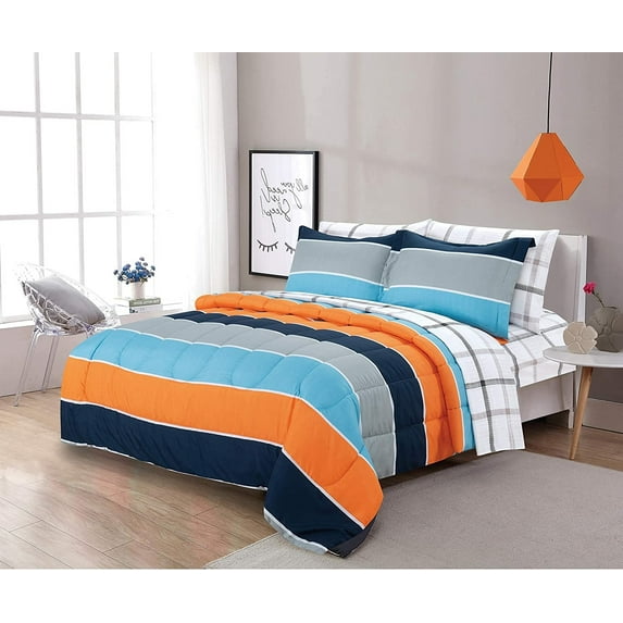 Sapphire Home 3 Piece Full Size Comforter Set with Shams, Blue Orange Gray Stripes Print Multicolor Boys Kids Girls Teen Comforter Bed Cover, Kids Stripe, F, 3pc