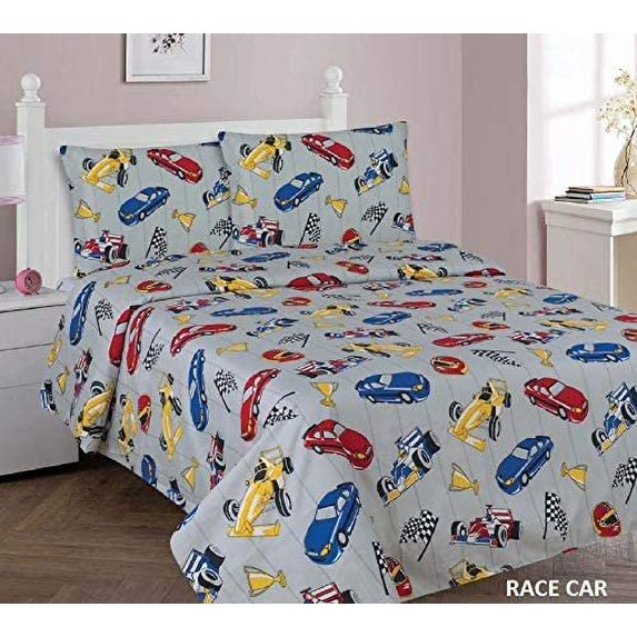 Sapphire Home 3 Piece Kids Boys Twin Sheet Set w/Fitted, Flat & 1 Pillow Case, Fun Print, Racecar Print Gray, Twin Sheet Racecar