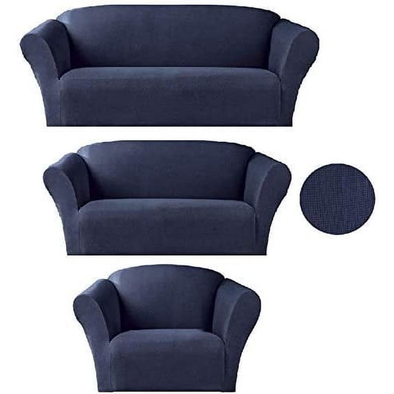 Sapphire Home 3-Piece SlipCover Set for Sofa Loveseat Couch Arm Chair, Form fit Stretch, Wrinkle Free, Furniture Protector Set for 3/2/1 Cushion, Polyester Spandex,3pc Slipcover Dark Blue