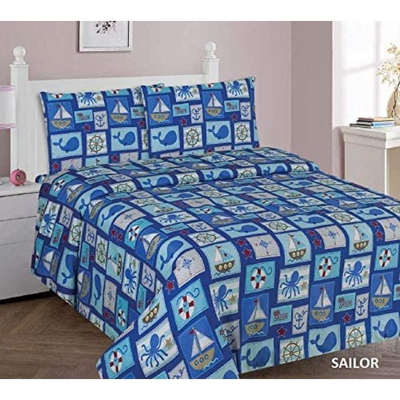 Sapphire Home 4 Piece Kids Boys Full Sheet Set w/Fitted, Flat & 2 Pillow Cases, Fun Print, Sailor Boat Sea Animals Whales Shark Print, Blue Color, Sailor Full Sheet