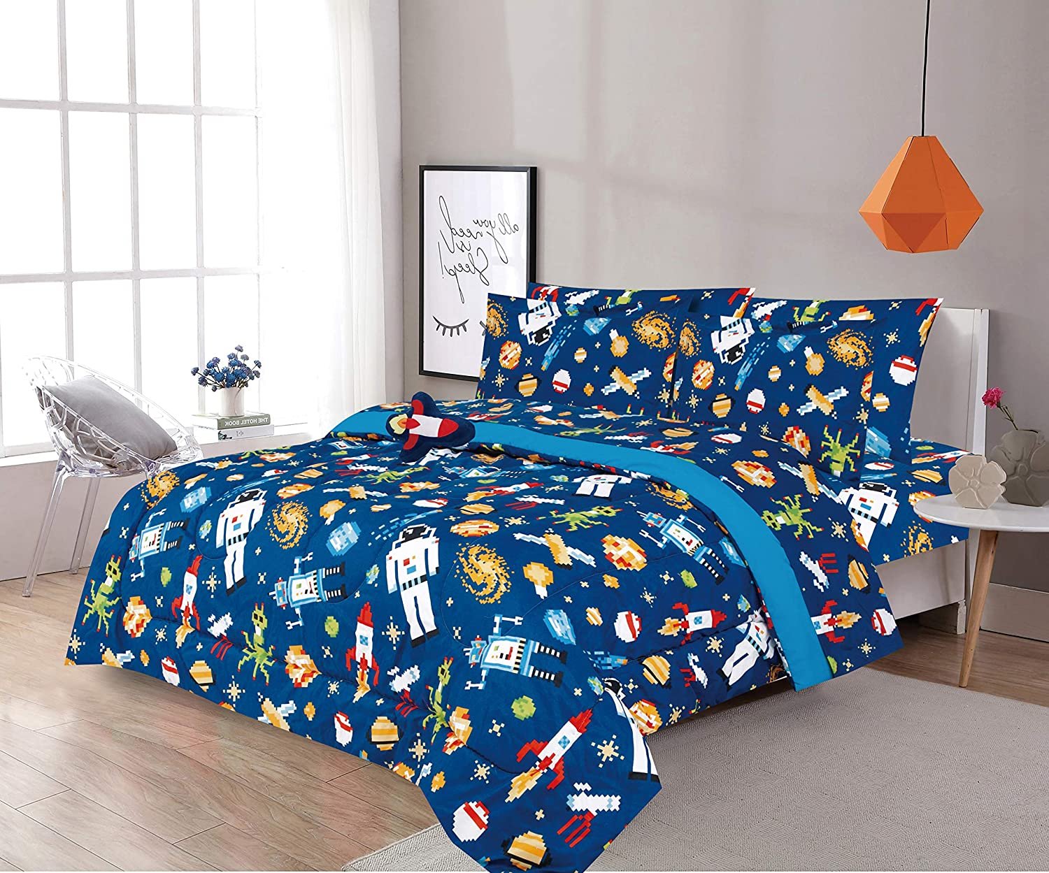 Sapphire Home 6 Piece Twin Size Boys Kids Teens Comforter Set Bed in Bag, Shams, Sheet Set & Decorative Toy Pillow, Kids Comforter Bedding w/Sheets, Astronaut Rocket Ship Space, Multicolor, 6pc Astro - image 1 of 4