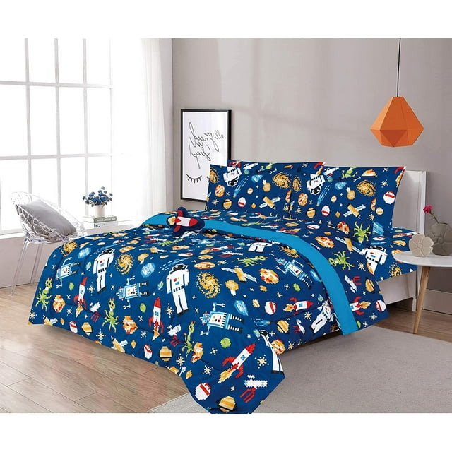 Sapphire Home 6 Piece Twin Size Boys Kids Teens Comforter Set Bed in Bag, Shams, Sheet Set & Decorative Toy Pillow, Kids Comforter Bedding w/Sheets, Astronaut Rocket Ship Space, Multicolor, 6pc Astro