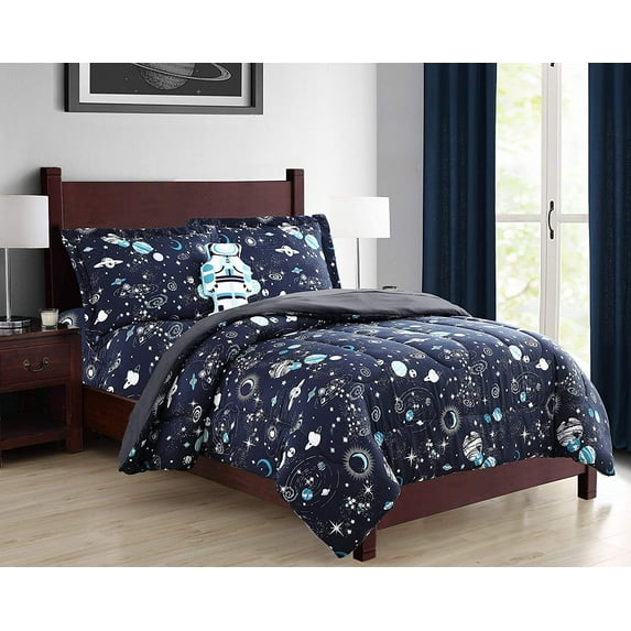 Sapphire Home 8 Piece Full Size Boys Kids Teens Comforter Set Bed in Bag, Shams, Sheet Set & Decorative Toy Pillow, Kids Comforter Bedding w/Sheets, Planets Outer Space Navy Blue, 8pc Space Navy