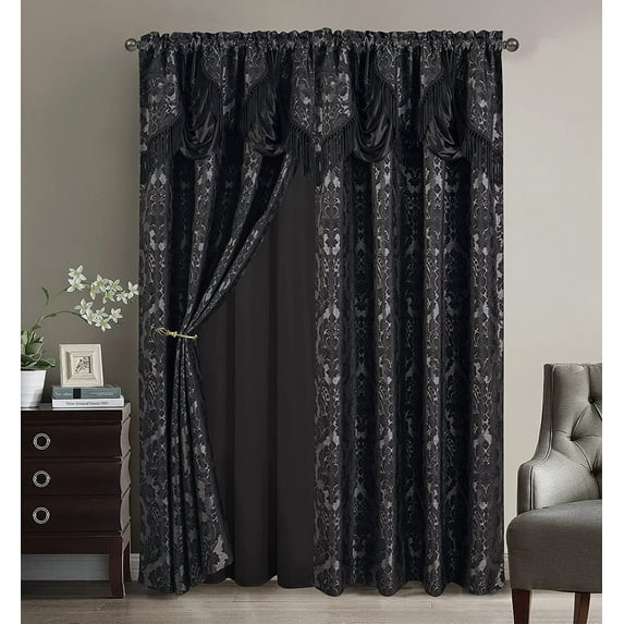 Sapphire Home Black Damask Rod Pocket Sheer Curtain, 55” x 84” (2 Panels)