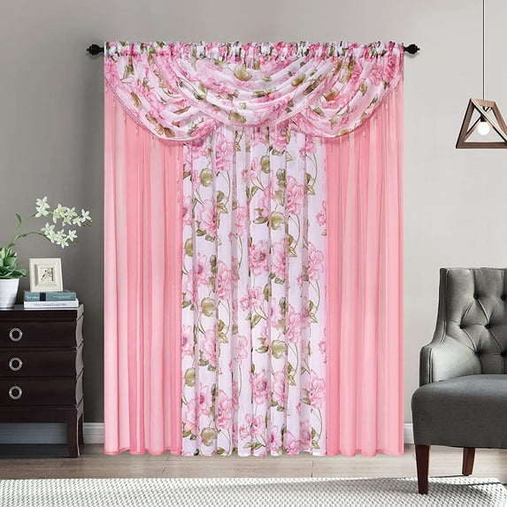 Sapphire Home Flower Multicolor Sheer Curtains with 3 Valances, 55” x 84” (4 Panels)