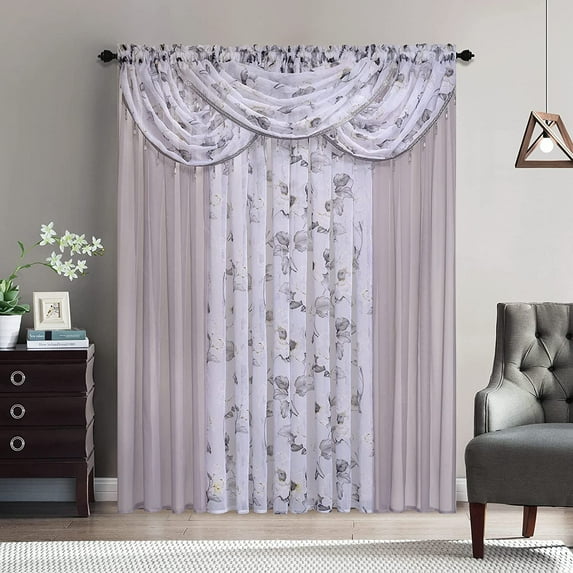 Sapphire Home Complete Window Matte Sheer Gauze Voile Curtain Panel Set with 3 Valances and 4 Attached Panels 55x84 Each - Easy Installation - Multicolor Flower DesignSandy, 84, Gray