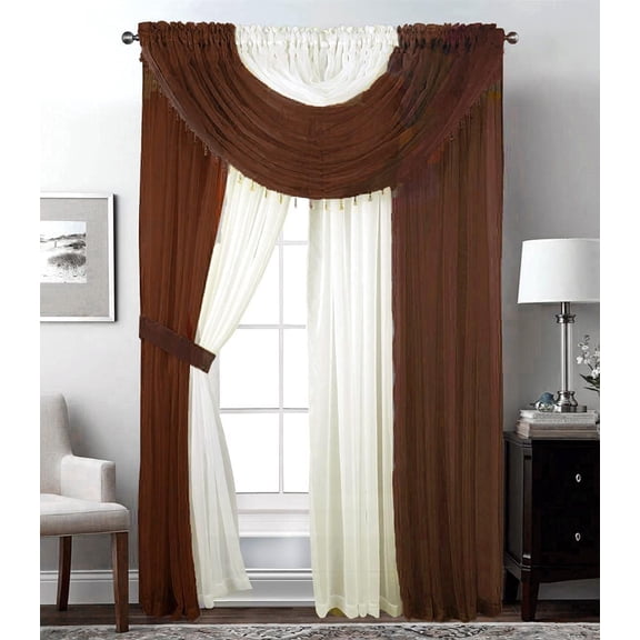 Sapphire Home Complete Window Sheer Curtain Panel Set with 4 Attached Panels 55x95 Each and 2 Valances with Beads and 2 Tiebacks - Easy Installation- Multicolor Choclate and Beige