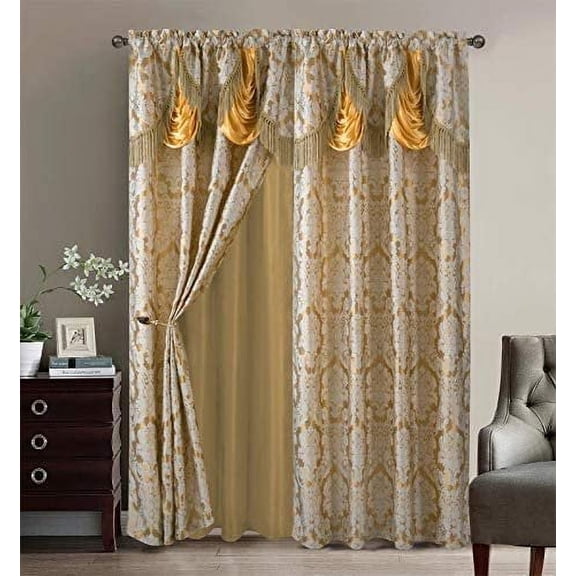 Sapphire Home Fancy Jacquard Window Drape Curtain Panels Set with Attached Valance, Sheer Backing, 2 Tassels, Elegant Damask Floral Pattern, Drape Set for Living & Dining Rooms, Scarlett, 95, Gold