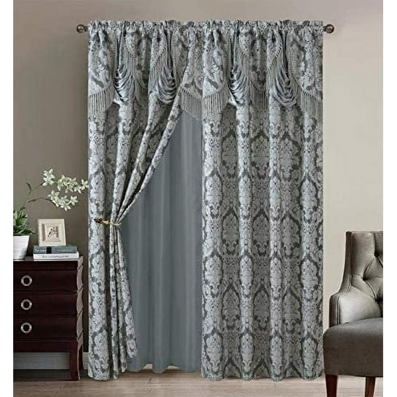 Sapphire Home Fancy Jacquard Window Drape Curtain Panels Set with Attached Valance, Sheer Backing, 2 Tassels, Elegant Damask Floral Pattern, Drape Set for Living & Dining Rooms, Scarlett, 63, Gray