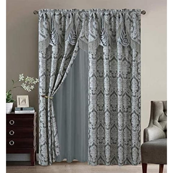 Sapphire Home Fancy Jacquard Window Drape Curtain Panels Set with Attached Valance, Sheer Backing, 2 Tassels, Elegant Damask Floral Pattern, Drape Set for Living & Dining Rooms, Scarlett, 95, Gray