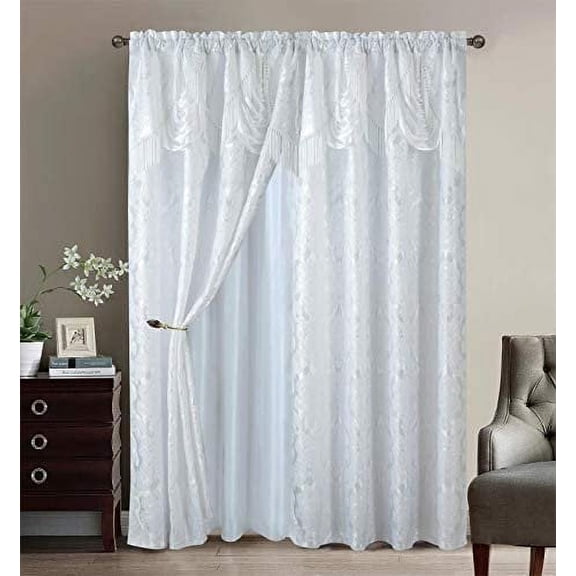 Sapphire Home Fancy Jacquard Window Drape Curtain Panels Set with Attached Valance, Sheer Backing, 2 Tassels, Elegant Damask Floral Pattern, Drape set for Living & Dining Rooms, Scarlett, 95, White