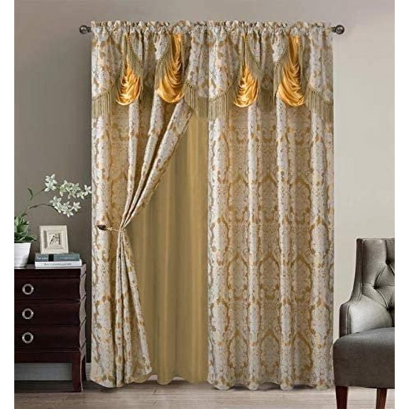 Sapphire Home Fancy Jacquard Window Drape Curtain Panels Set with Attached Valance, Sheer Backing, 2 Tassels, Elegant Damask Floral Pattern, Drape set for Living & Dining Rooms, Scarlett, 95, Beige