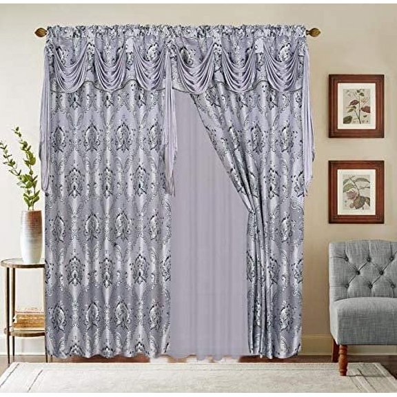 Sapphire Home Jacquard Window 84 Inch Length Curtain Drapes w/Attached Valance Scarf + Sheer Backing + 2 Tassels, Traditional 84" Floral Curtain Drape for Living/Dining Rooms, Rod Pocket - Gray