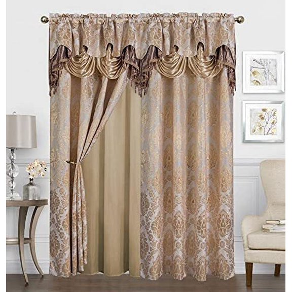 Sapphire Home Shiny Jacquard Curtain Drape Set 2 Panels 63-Inch Long, Includes Attached Valance, Sheer Backing, 2 Tassels, Damask Medallion Floral Drape for Living Rooms, Avery, 63", Gold